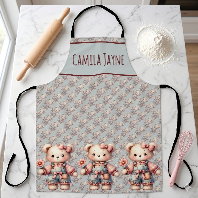 Pastel Teddy Bear Holding Flower Wearing Overalls Apron (Pastel Teddy Bear Holding Flower Wearing Overalls Apron)