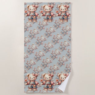 Pastel Teddy Bear Holding Flower Wearing Overalls Beach Towel