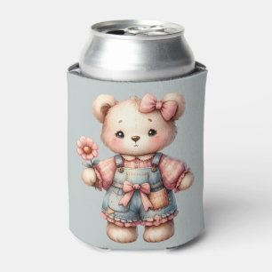 Pastel Teddy Bear Holding Flower Wearing Overalls Can Cooler