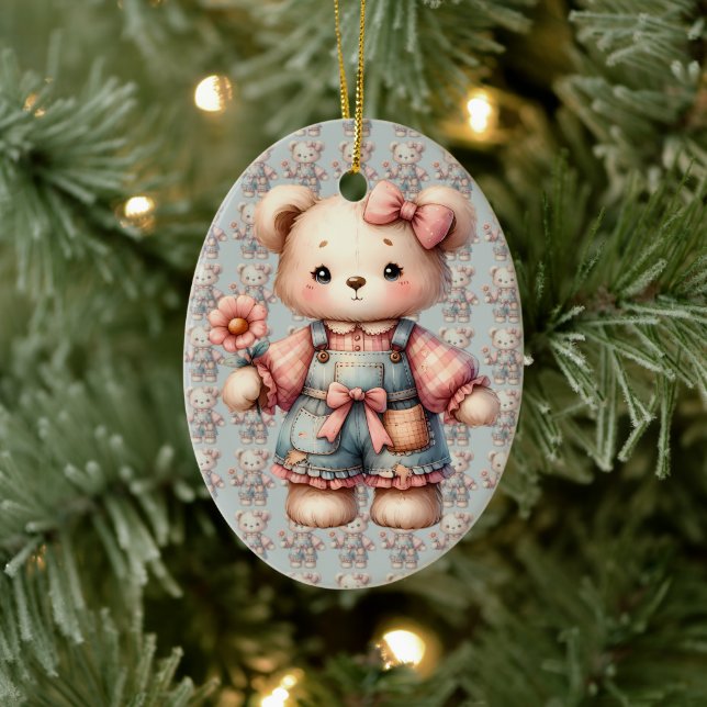 Pastel Teddy Bear Holding Flower Wearing Overalls Ceramic Tree Decoration (Tree)