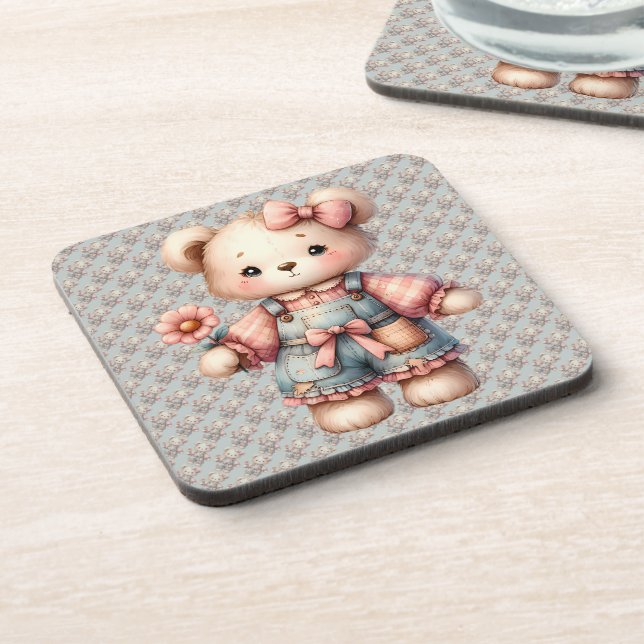 Pastel Teddy Bear Holding Flower Wearing Overalls Coaster (Left Side)