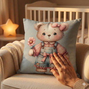 Pastel Teddy Bear Holding Flower Wearing Overalls Cushion