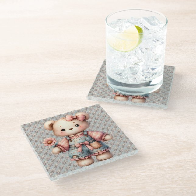 Pastel Teddy Bear Holding Flower Wearing Overalls Glass Coaster (Angled)