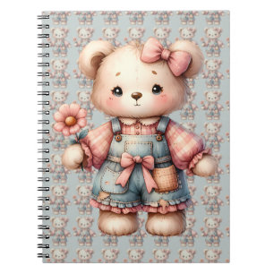Pastel Teddy Bear Holding Flower Wearing Overalls Notebook