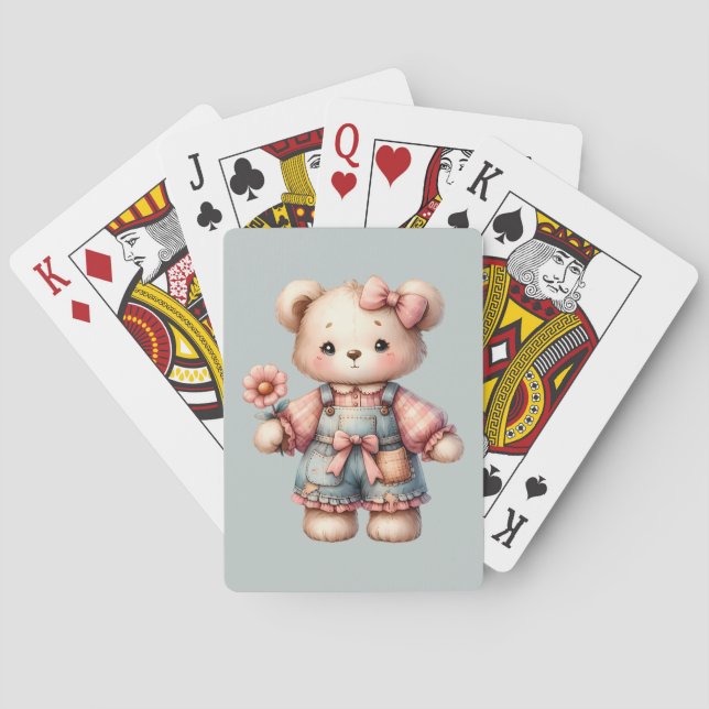 Pastel Teddy Bear Holding Flower Wearing Overalls Playing Cards (Back)