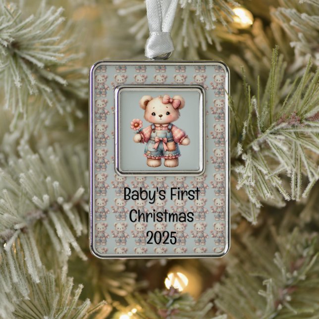 Pastel Teddy Bear Holding Flower Wearing Overalls Silver Plated Framed Ornament (Tree)