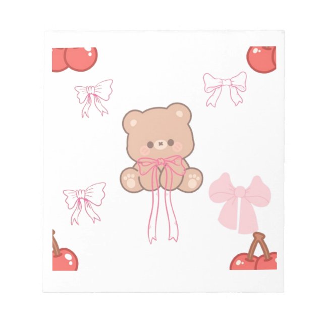 Pastel Teddy Bear Pink Bow Cherry Coquette Aesthet Notepad (Front)