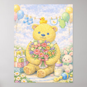Pastel Teddy Bear with Flowers Poster