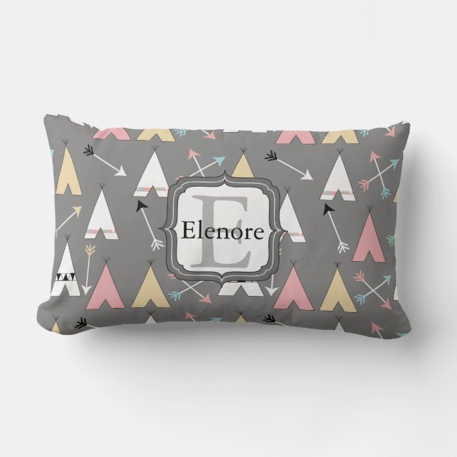 Pastel Teepees and Arrows Monogram Lumbar Cushion (Front)