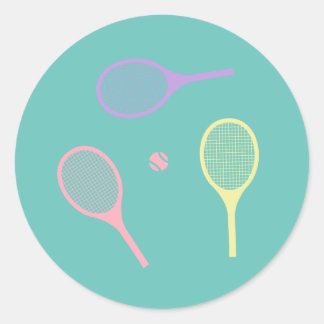 Pastel Tennis Rackets with Tennis Ball on Green Classic Round Sticker