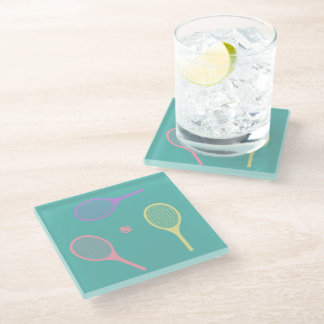 Pastel Tennis Rackets with Tennis Ball on Green Glass Coaster