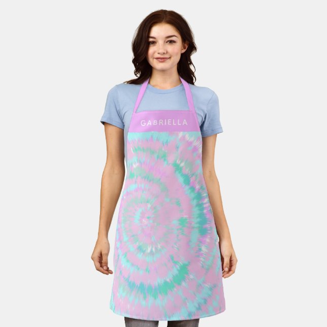 Pastel Tie Dye Pattern Pink Aqua Mint Personalised Apron (Worn)