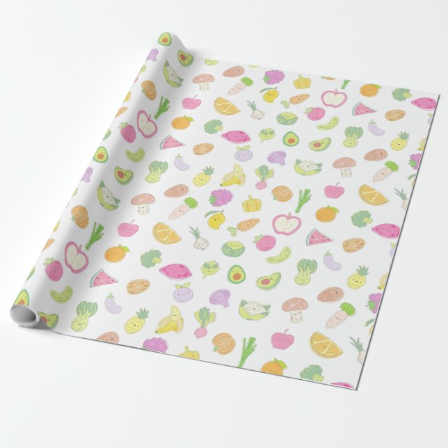 Pastel-toned Cute Fruits and Vegetables Pattern Wrapping Paper (Unrolled)