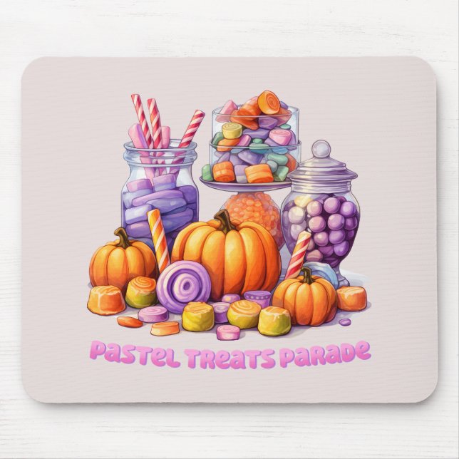 Pastel Treats Parade – Cute Candy & Pumpkin Mouse Pad (Front)