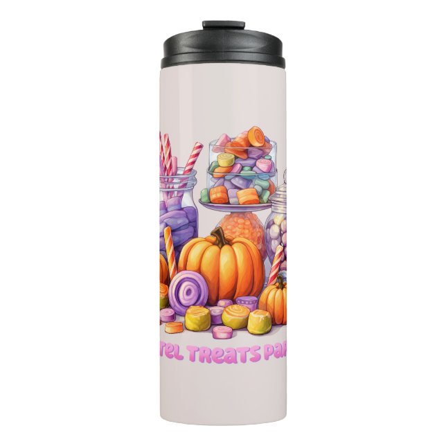 Pastel Treats Parade – Cute Candy & Pumpkin Thermal Tumbler (Front)