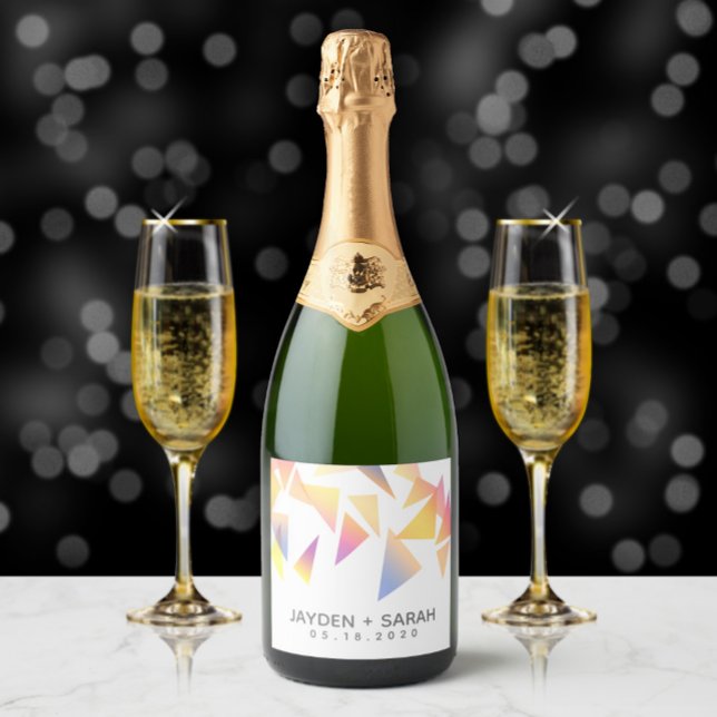 Pastel Triangle Confetti on White Wedding Sparkling Wine Label (Creator Uploaded)