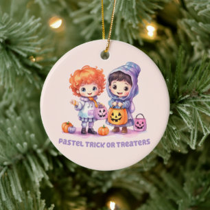 Pastel Trick or Treaters - Cartoon Boy and Girl Ceramic Tree Decoration