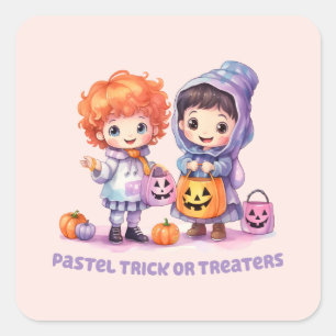Pastel Trick or Treaters - Cartoon Boy and Girl Square Sticker