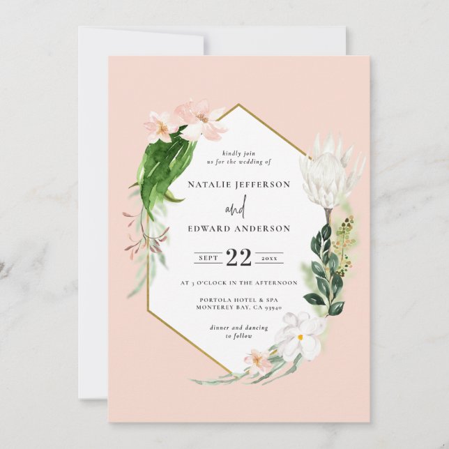 Pastel tropical+ gold geometric wedding invitation (Front)