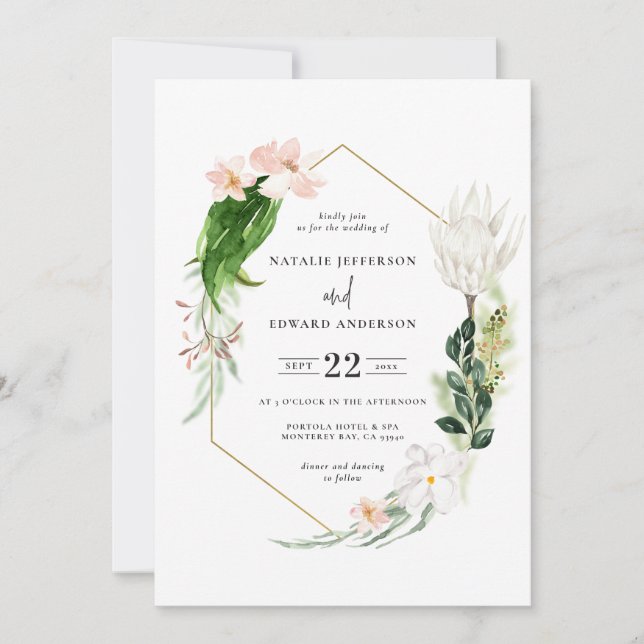 Pastel tropical+ gold geometric wedding invitation (Front)