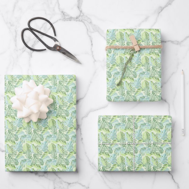 Pastel Tropical Palm Leaves Wrapping Paper Sheet (Front)