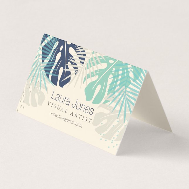 Pastel Tropical Palms Visual Design Artist Business Card (Front)