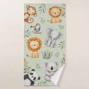 Pastel Tropical Wild  Jungle Safari Animals  Bath Towel