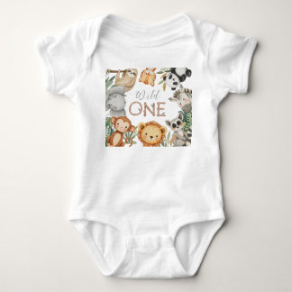 Pastel Tropical Wild One Jungle Safari Animals Baby Bodysuit