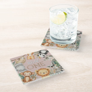 Pastel Tropical Wild One Jungle Safari Animals  Glass Coaster