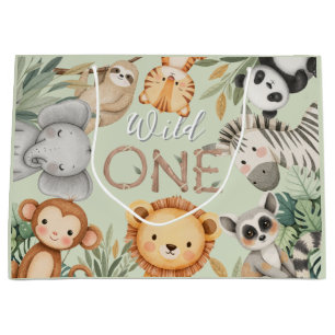 Pastel Tropical Wild One Jungle Safari Animals  Large Gift Bag