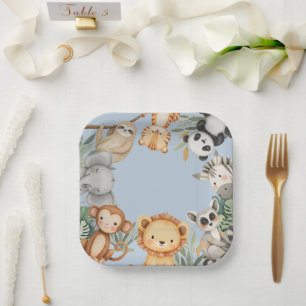 Pastel Tropical Wild One Jungle Safari Animals Paper Plate