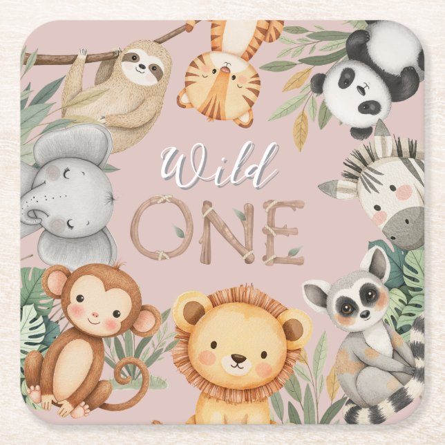 Pastel Tropical Wild One Jungle Safari Animals  Square Paper Coaster (Front)