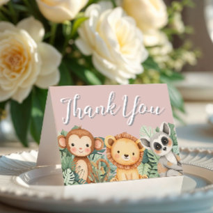 Pastel Tropical Wild One Jungle Safari Animals  Thank You Card