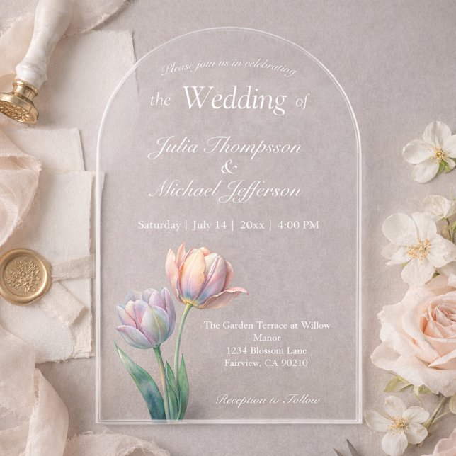 Pastel Tulip Wedding Suite Elegant Typography Acrylic Invitations (Creator Uploaded)