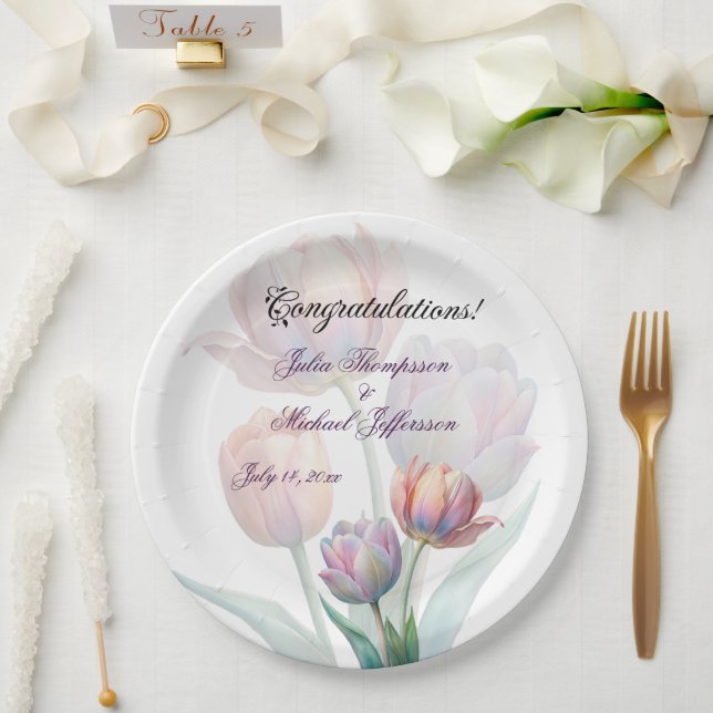 Pastel Tulip Wedding Suite Elegant Typography Paper Plate (Wedding)