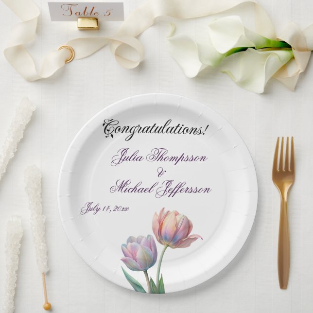 Pastel Tulip Wedding Suite Elegant Typography Paper Plate (Wedding)