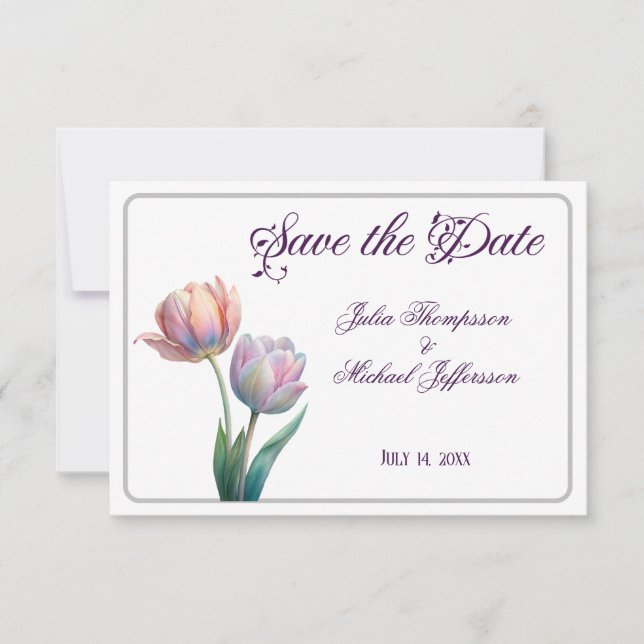 Pastel Tulip Wedding Suite Elegant Typography Save The Date (Front)
