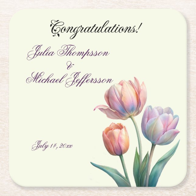 Pastel Tulip Wedding Suite Elegant Typography Square Paper Coaster (Front)