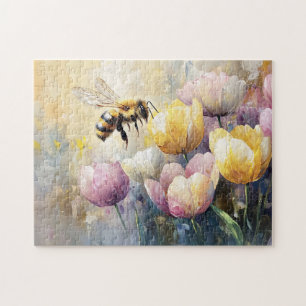 Pastel Tulips and a Honey Bee Jigsaw Puzzle