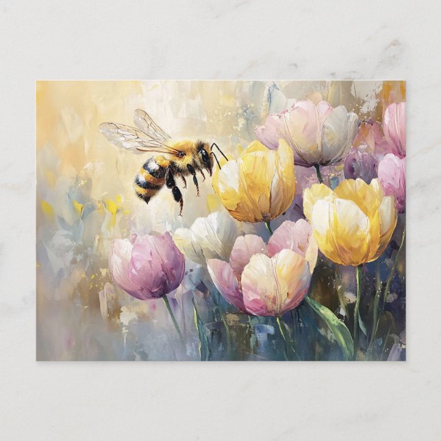 Pastel Tulips and a Honey Bee Postcard (Front)