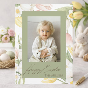 Pastel Tulips & Daffodils Happy Easter Photo Card