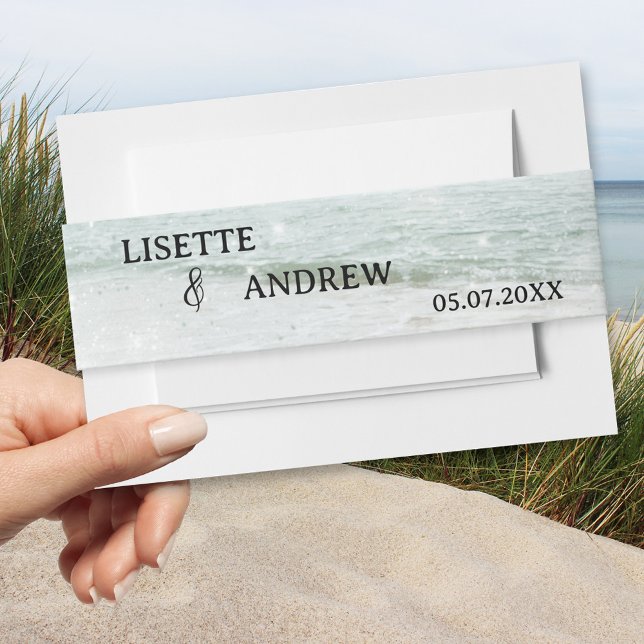 Pastel Turquoise Beach Wedding Invitation Belly Band (Elegant wedding invitation belly band featuring a painting of a beach  with sparkling lights)
