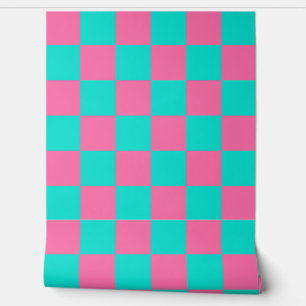 Pastel Turquoise Blue-green And Pink Chequered Wallpaper