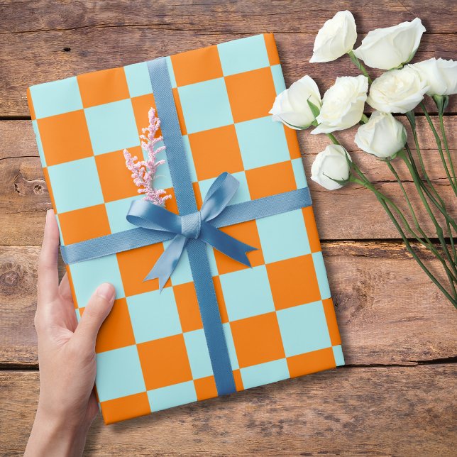 Pastel Turquoise Orange Chequered Chequerboard Wrapping Paper (Creator Uploaded)