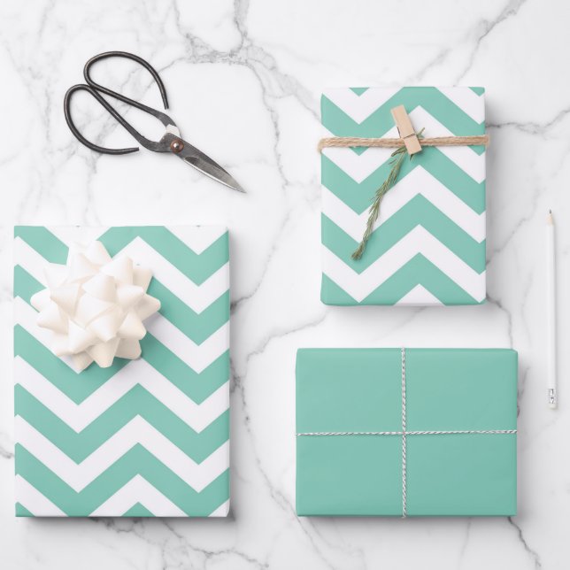 Pastel Turquoise & White Chevron Wedding Birthday Wrapping Paper Sheet (Front)