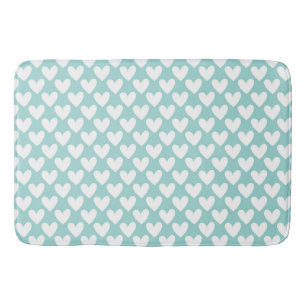 PASTEL TURQUOISE WITH ROWS OF WHITE HEARTS BATH MAT