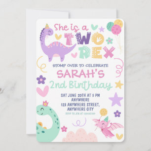 Pastel Two Rex Dinosaur 2nd Birthday Party  Invitation