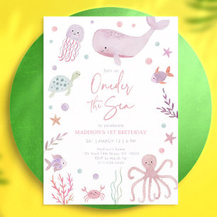 Pastel Under the Sea Pink 1st Birthday Invitation
