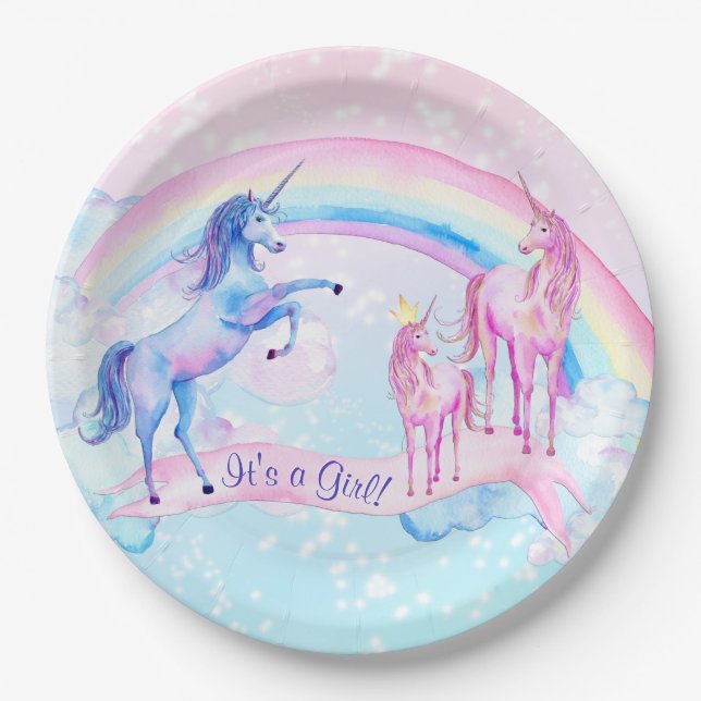 Pastel Unicorn Baby Shower Paper Plates (Front)