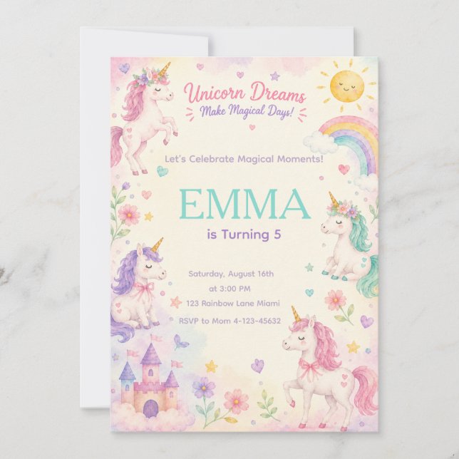Pastel Unicorn Birthday Invitation Template (Front)
